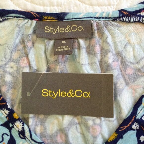 NWT Style & Co, "XL" Blue Floral Blouse, Ribbing, Bell Sleeves, Bohemian, V neck - Picture 4 of 7